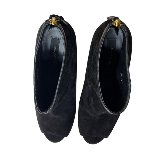 Ann Taylor Black Suede Peep Toe Wedge Booties 7.5M - Picture 2 of 12